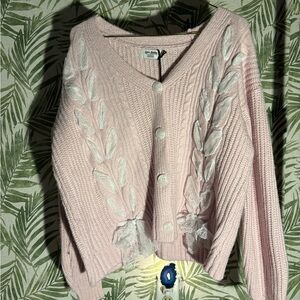 Pink Cable Knit Sweater with Lace Bow